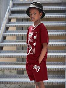 SHEIN Tween Boy Slogan Graphic Tee & Shorts - Burgundy - View 7