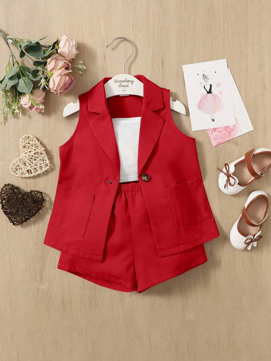 SHEIN Baby Girl Cami Top & Shorts & Blazer Without Bag - Red and White - View 1