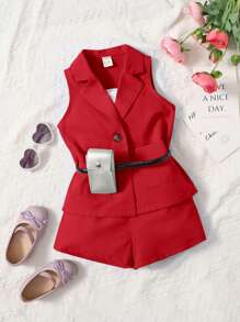 SHEIN Baby Girl Cami Top & Shorts & Blazer Without Bag - Red and White - View 4