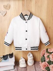 Baby Girl Floral Print Striped Trim Varsity Jacket - White - View 1