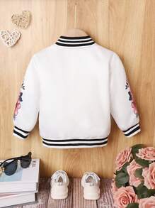 Baby Girl Floral Print Striped Trim Varsity Jacket - White - View 2