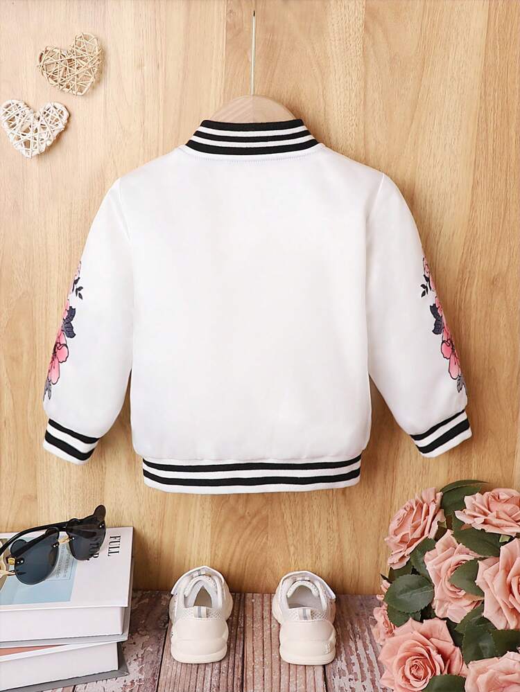 Baby Girl Floral Print Striped Trim Varsity Jacket