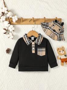 Baby Boy Plaid Print Sweatshirt & Hat - Black - View 1