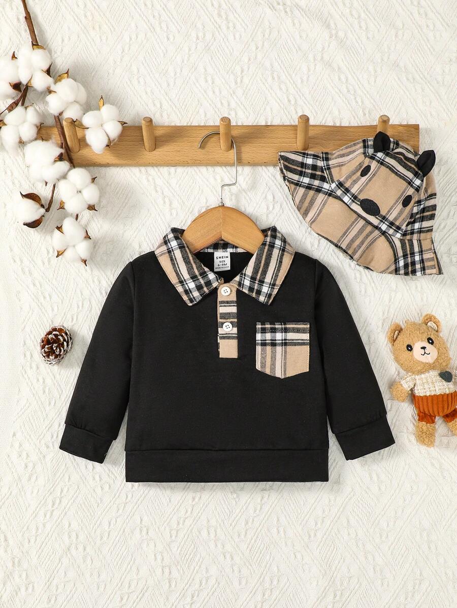 Baby Boy Plaid Print Sweatshirt & Hat - Black - View 1
