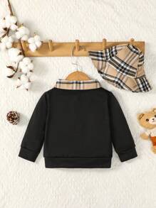 Baby Boy Plaid Print Sweatshirt & Hat - Black - View 2