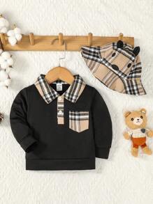 Baby Boy Plaid Print Sweatshirt & Hat - Black - View 3