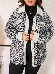 SHEIN LUNE 大碼豹紋印花落肩袖翻蓋細節外套 - 彩色 - 查看 5