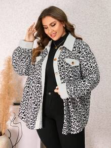 SHEIN LUNE 大碼豹紋印花落肩袖翻蓋細節外套 - 彩色 - 查看 1
