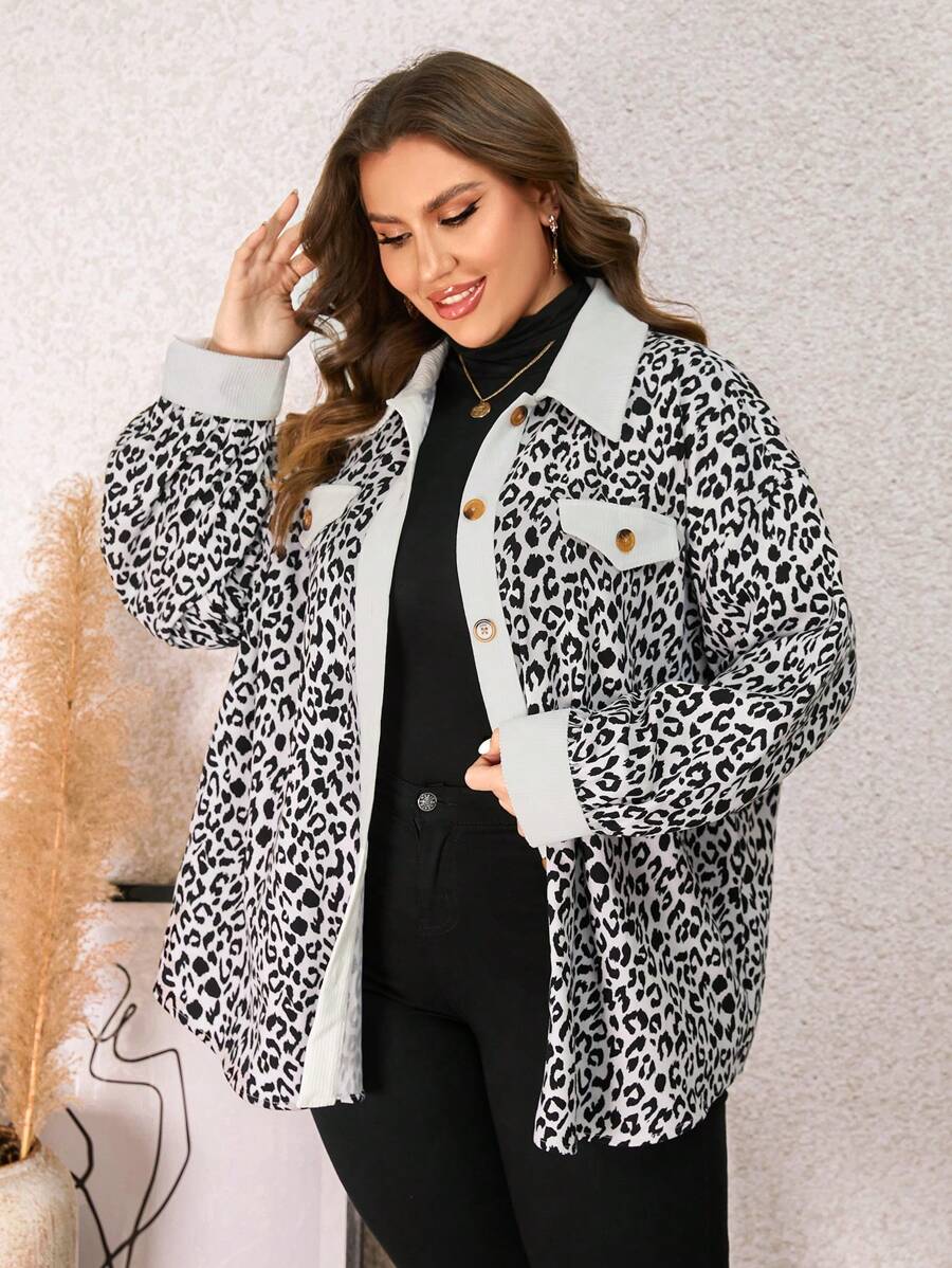 SHEIN LUNE 大碼豹紋印花落肩袖翻蓋細節外套 - 彩色 - 查看 1