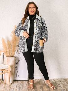 SHEIN LUNE 大碼豹紋印花落肩袖翻蓋細節外套 - 彩色 - 查看 6