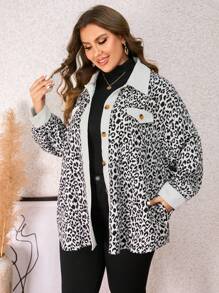 SHEIN LUNE 大碼豹紋印花落肩袖翻蓋細節外套 - 彩色 - 查看 7