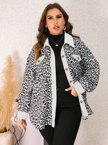 SHEIN LUNE 大碼豹紋印花落肩袖翻蓋細節外套 - 彩色 - 查看 3