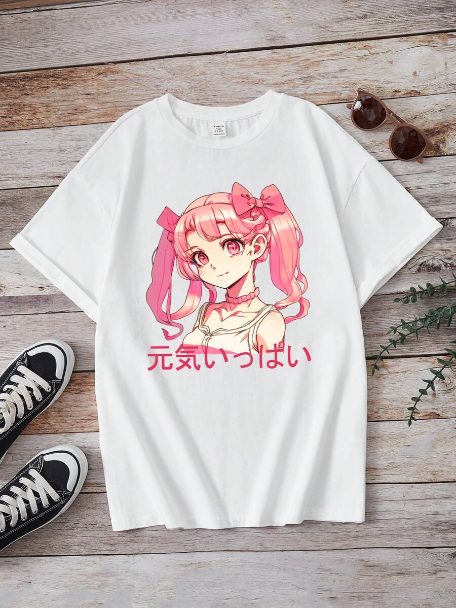 青少年女孩人像&日文字元圖案T恤 - 白色 - 查看 1