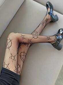 ROMWE Goth Mujer 1 par Medias de malla con patrón de estrella - Negro - Ver 2