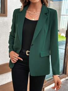 SHEIN LUNE Blazer de cuello con solapa con botón - Verde Oscuro - Ver 3