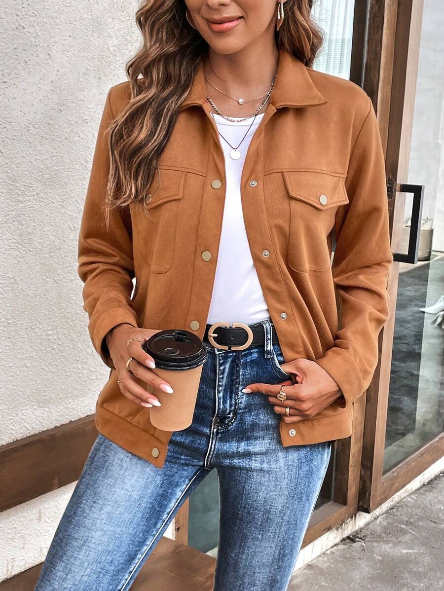 SHEIN LUNE Túi có nắp Nút phía trước Áo khoác - màu nâu - Xem 1