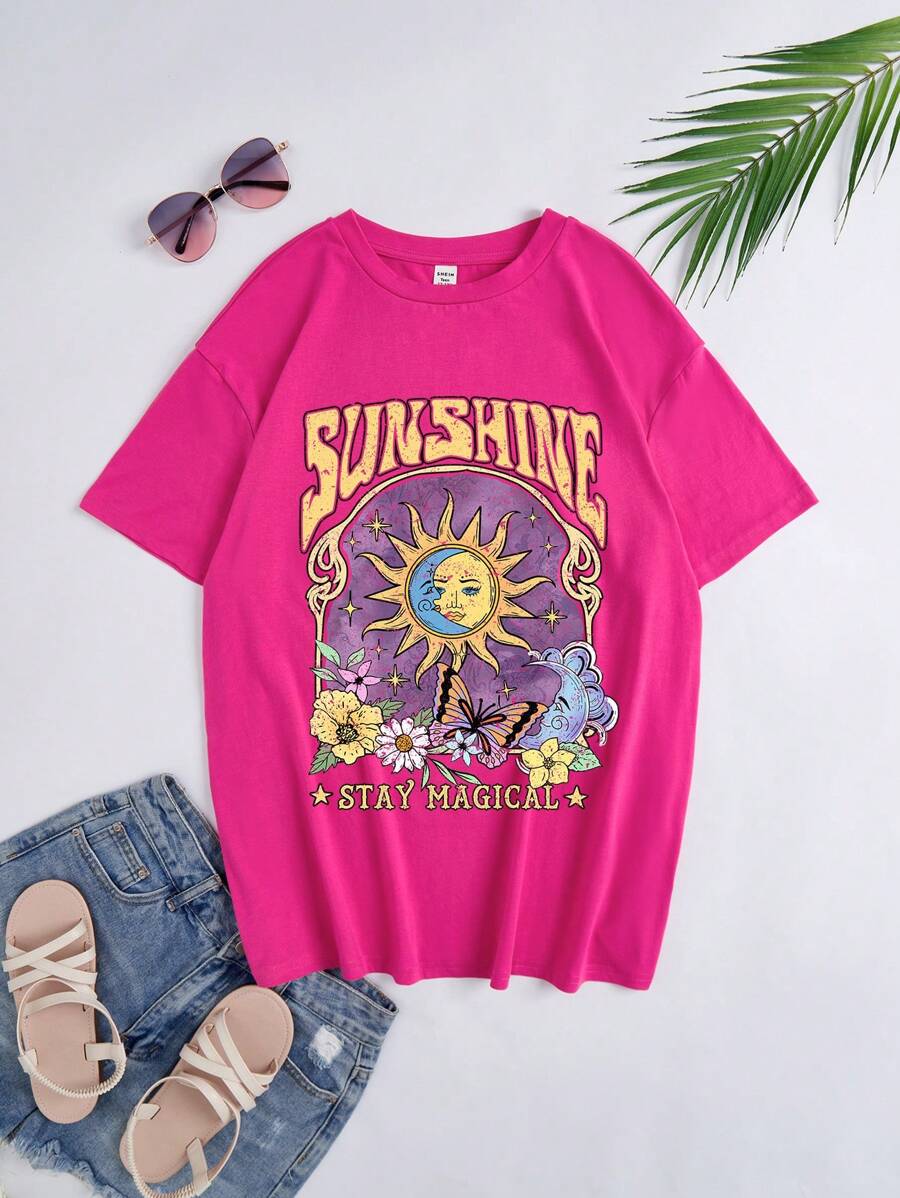 Thiếu niên cô gái mặt trời & Đồ họa Chữ cái Áo thun - Màu Hồng Tươi - Xem 1