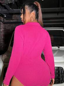 Flirla Plus Solid Ribbed Knit Bodysuit, For Winter Fall Cloth For Women - Hot Pink - View 7