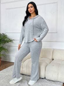 SHEIN EZwear 大碼落肩袖抽繩連帽衫和褲子 - 淺灰色 - 查看 3