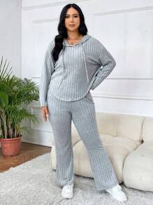 SHEIN EZwear 大碼落肩袖抽繩連帽衫和褲子 - 淺灰色 - 查看 5