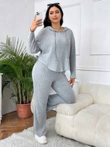 SHEIN EZwear 大碼落肩袖抽繩連帽衫和褲子 - 淺灰色 - 查看 6