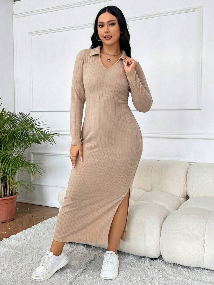 SHEIN EZwear Plus Ribbed Knit Split Thigh Dress | SHEIN USA
