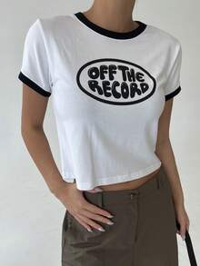 DAZY 字母圖案滾邊T恤 - 白色 - 查看 5