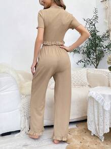 素色荷葉邊T恤和褲子休閒套裝 - 卡其色 - 查看 2