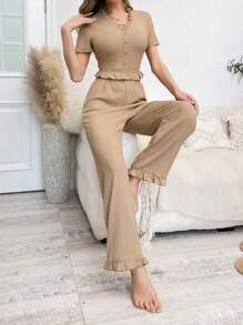 素色荷葉邊T恤和褲子休閒套裝 - 卡其色 - 查看 5