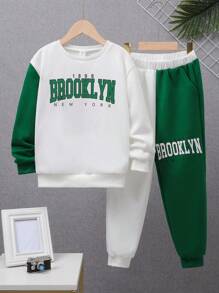 SHEIN Tween Boy Letter Graphic Two Tone Sweatshirt & Sweatpants - Multicolor - View 1