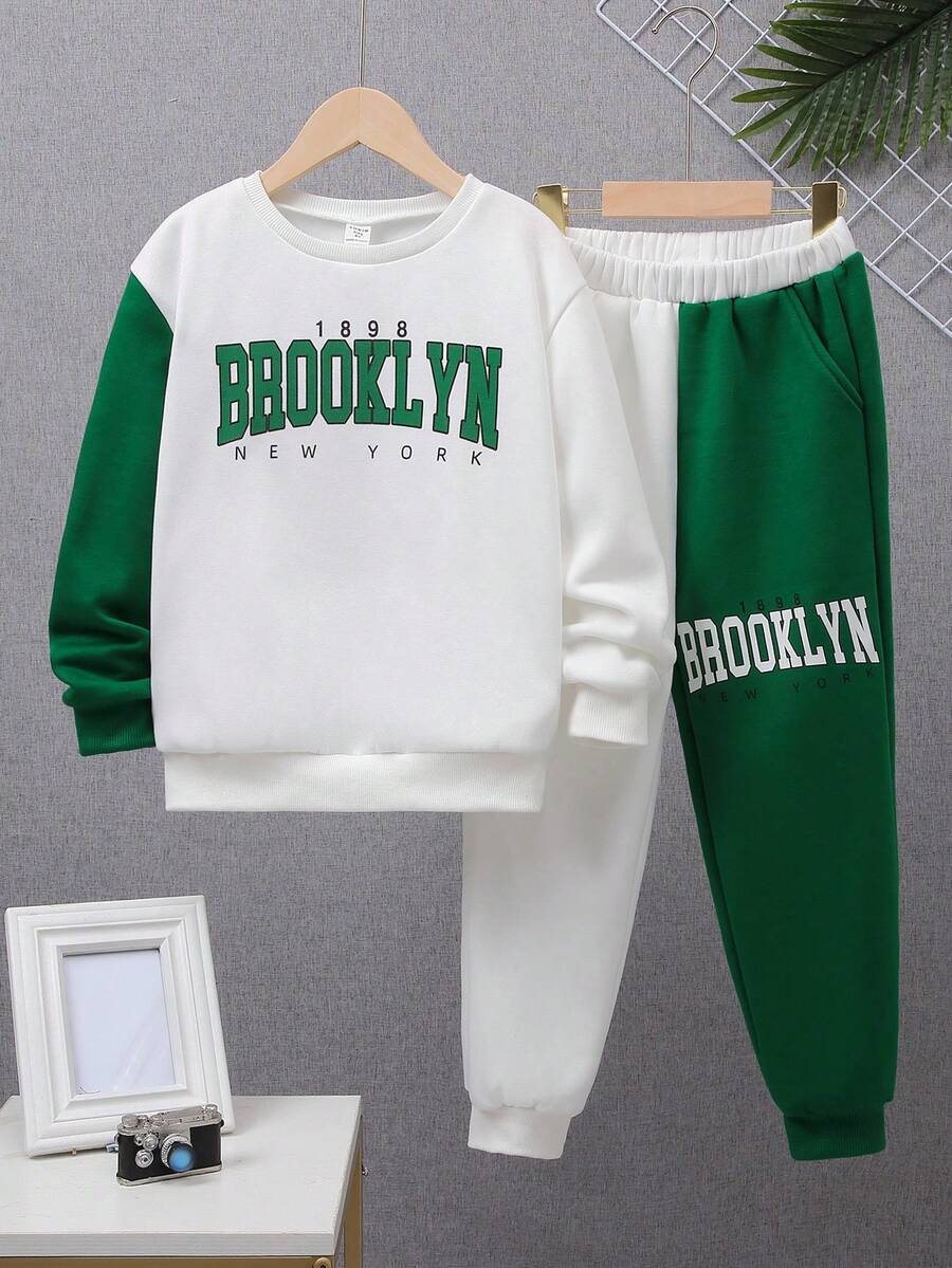 SHEIN Tween Boy Letter Graphic Two Tone Sweatshirt & Sweatpants - Multicolor - View 1