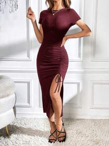 SHEIN Essnce 優雅抽繩 褶邊 高衩純色女士連衣裙 - 酒紅色 - 查看 1