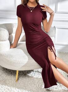 SHEIN Essnce 優雅抽繩 褶邊 高衩純色女士連衣裙 - 酒紅色 - 查看 3