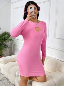 SHEIN EZwear 大碼愛心鏤空前緊身洋裝 - 粉色 - 查看 3