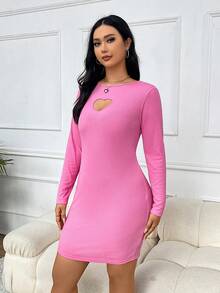 SHEIN EZwear 大碼愛心鏤空前緊身洋裝 - 粉色 - 查看 4