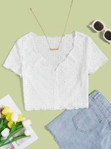 Soleia Button Front Lettuce Trim Tee