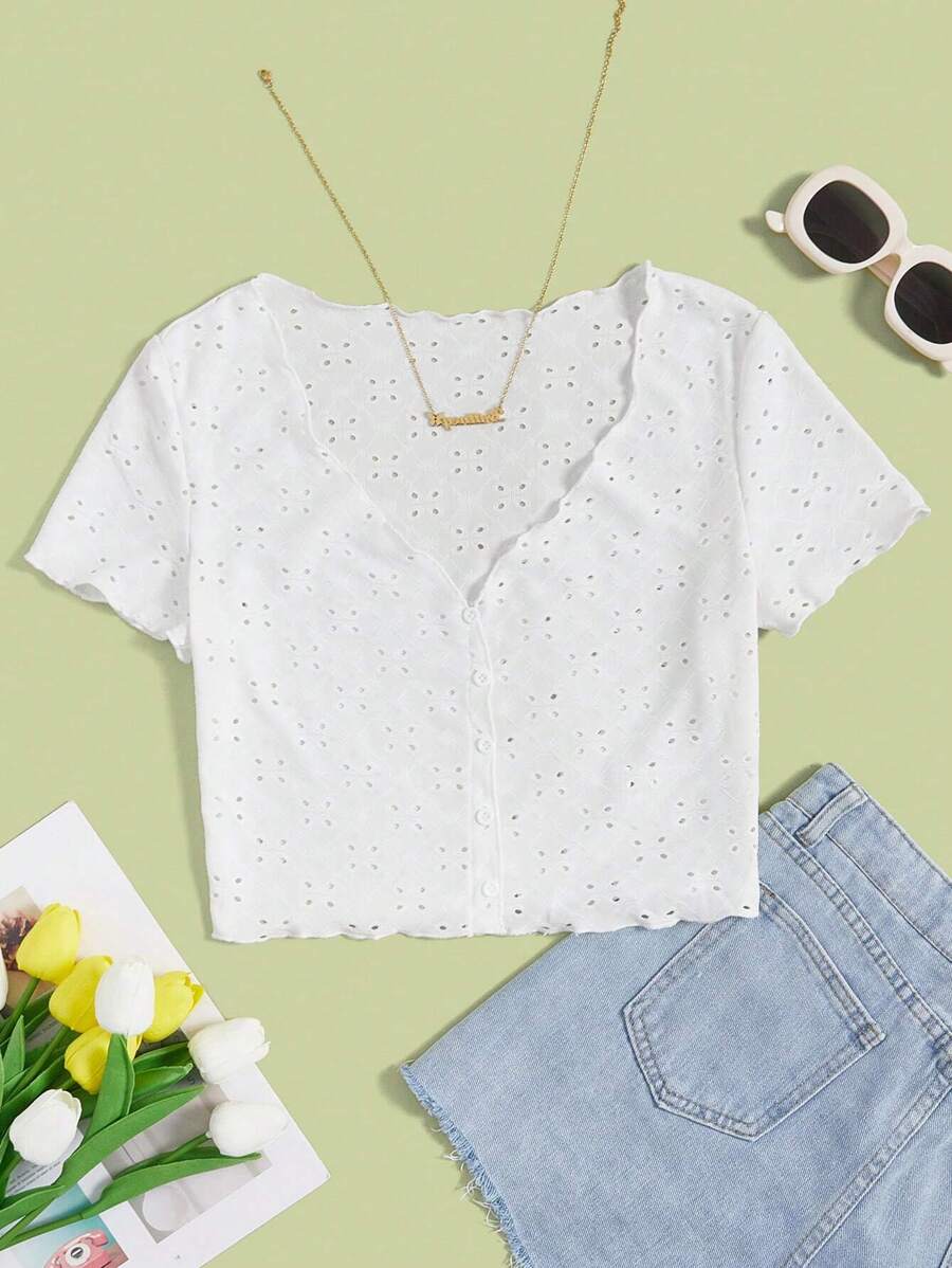 Soleia Button Front Lettuce Trim Tee