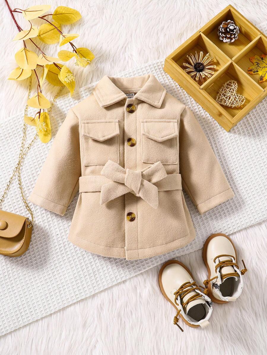 Đứa bé gái Chi tiết về Flap Thắt lưng Áo khoác - Màu Khaki - Xem 1