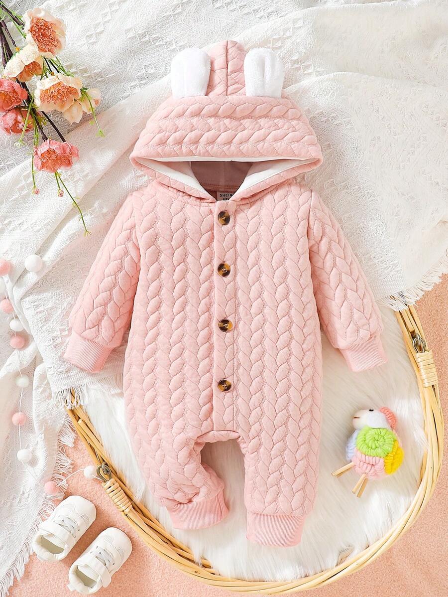 SHEIN Bebé niña Mono con diseño de oreja 3D con botón delantero con capucha