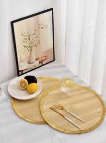 4入组/套桌子極簡流蘇邊圓形餐墊 - 米色 - 查看 5