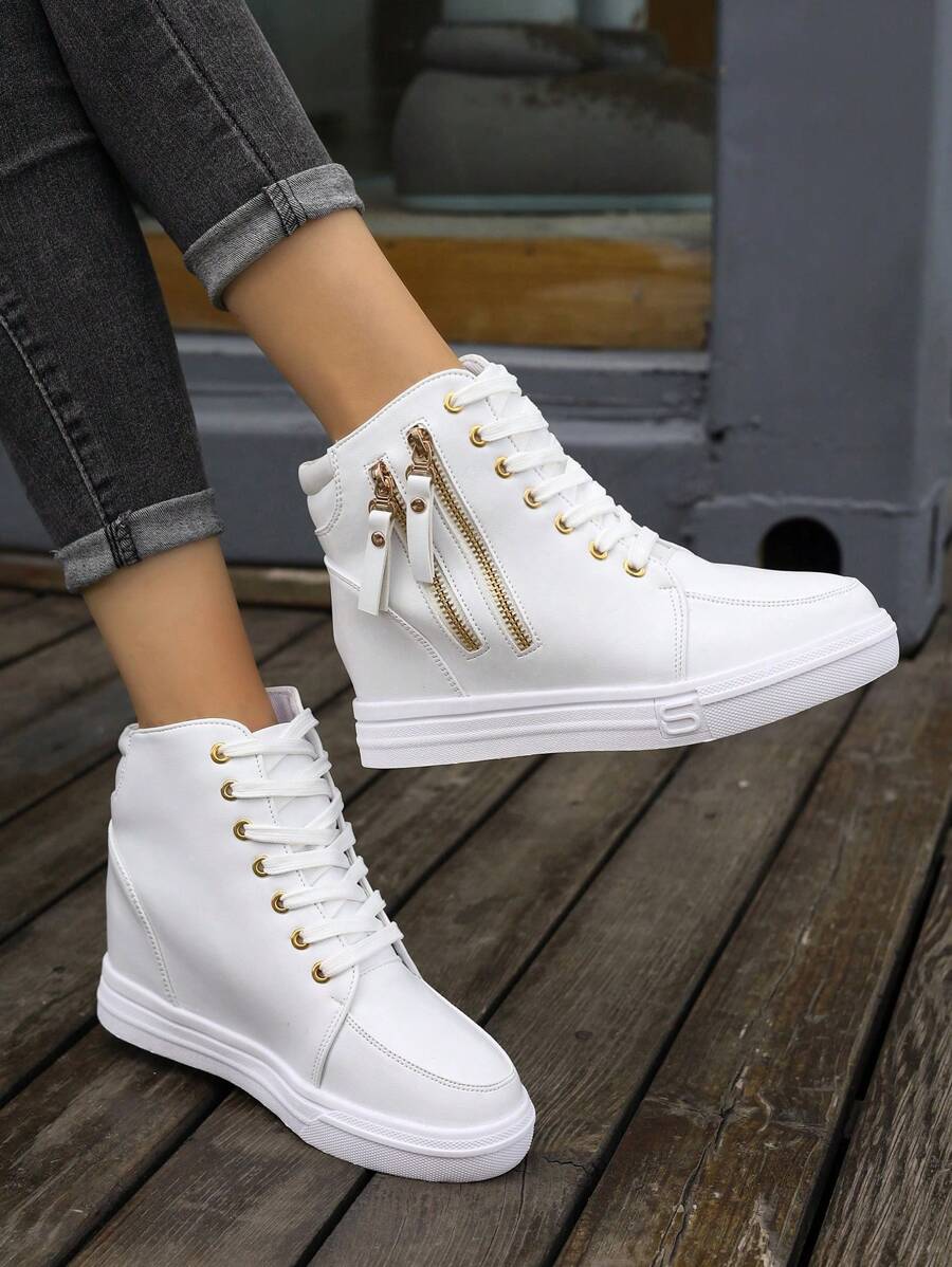 Zapatillas deportivas cuña para mujeres de moda & cómodo durable con cremallera lateral & con encaje, grueso suela - Blanco - Ver 1