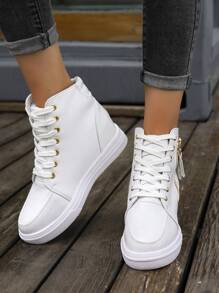 Zapatillas deportivas cuña para mujeres de moda & cómodo durable con cremallera lateral & con encaje, grueso suela - Blanco - Ver 2