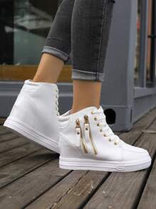 Zapatillas deportivas cuña para mujeres de moda & cómodo durable con cremallera lateral & con encaje, grueso suela - Blanco - Ver 4
