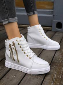 Zapatillas deportivas cuña para mujeres de moda & cómodo durable con cremallera lateral & con encaje, grueso suela - Blanco - Ver 5