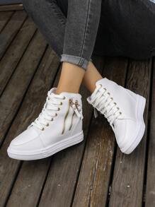 Zapatillas deportivas cuña para mujeres de moda & cómodo durable con cremallera lateral & con encaje, grueso suela - Blanco - Ver 6