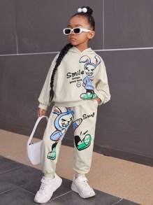 SHEIN Cô Gái Trẻ Đồ họa Hoạt hình Thả vai Áo Hoodie & Quần thể thao - Màu be - Xem 1