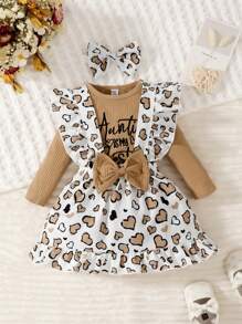 SHEIN Playful Pals 女嬰標語圖案連身背心&愛心圖案前蝴蝶結背帶洋裝＆ 頭巾 - 彩色 - 查看 3