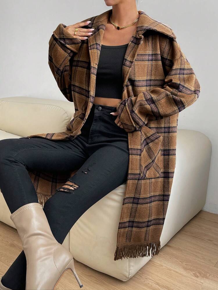 Plaid Print Drop Shoulder Fringe Hem Overcoat