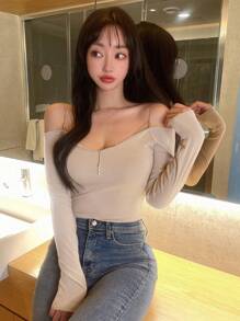 DAZY 纯色露肩罗纹针织长袖T恤女上衣，秋季女装 - 卡其色 - 查看 4