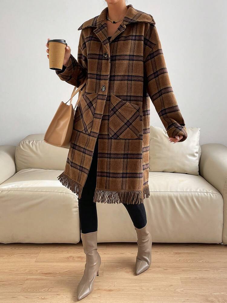 Plaid Print Drop Shoulder Fringe Hem Overcoat